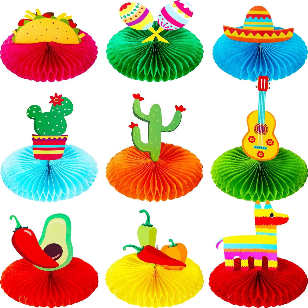 9 Pieces Fiesta Party Decorations Mexican Party Table Decor 8'' fiesta Honeycomb Mexican Table Centerpieces Cinco De Mayo Decorations for Taco Day of The Dead Decor Supplies Favors